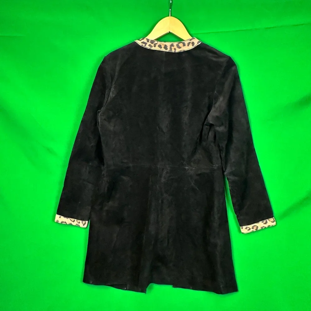 Spiegel Black Suede Leopard Trim Collarless‎ Open Front Jacket Women's Size 8
